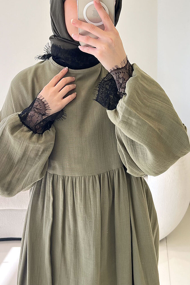 Elaria Dantel Detaylı Müslin Elbise - Haki - 3