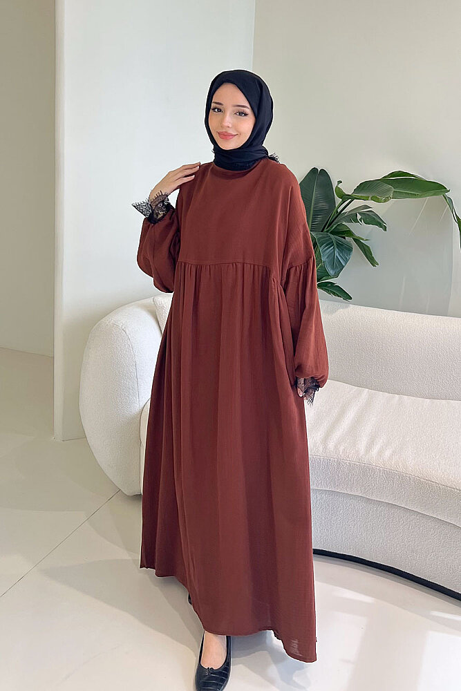 Elaria Dantel Detaylı Müslin Elbise - Kahverengi - ALLMİSS (1)