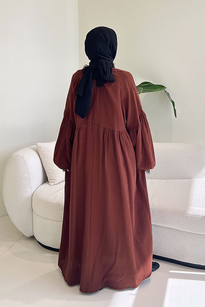 Elaria Dantel Detaylı Müslin Elbise - Kahverengi - ALLMİSS (5)