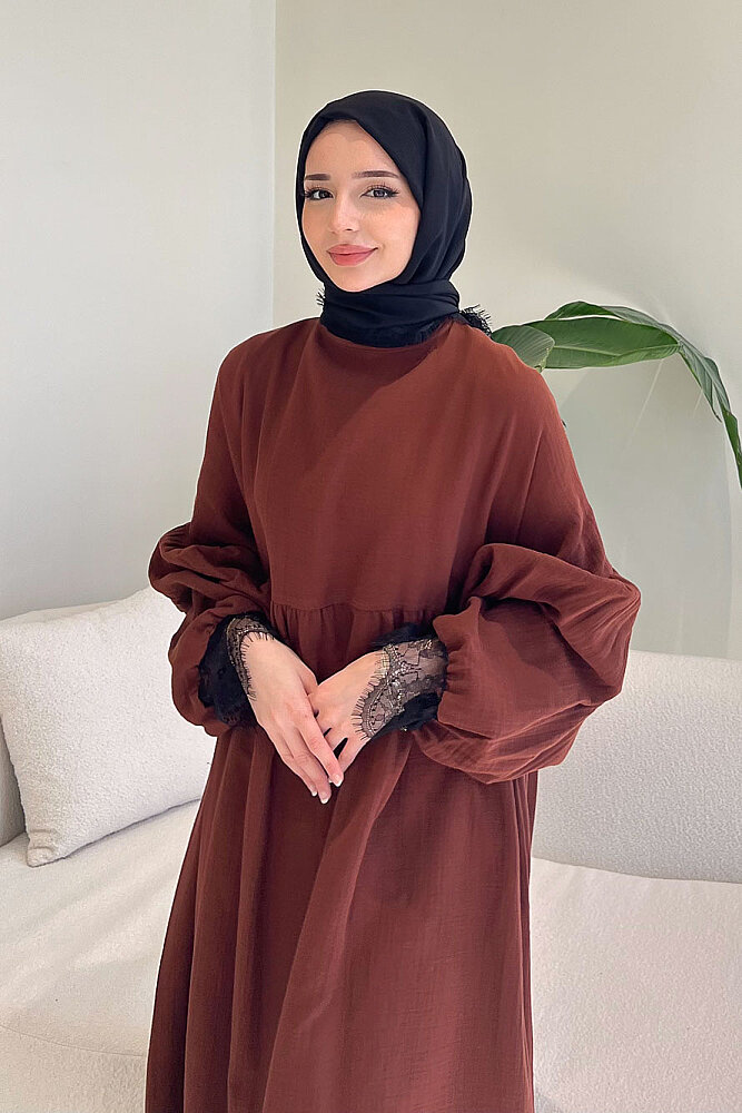Elaria Dantel Detaylı Müslin Elbise - Kahverengi - 4