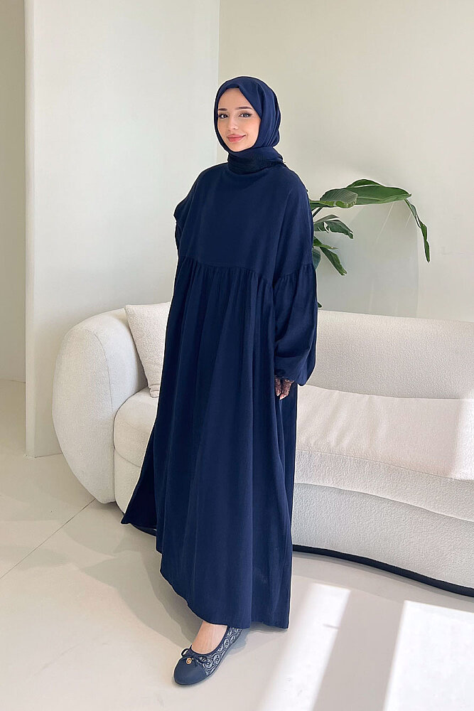 Elaria Dantel Detaylı Müslin Elbise - Lacivert - 7