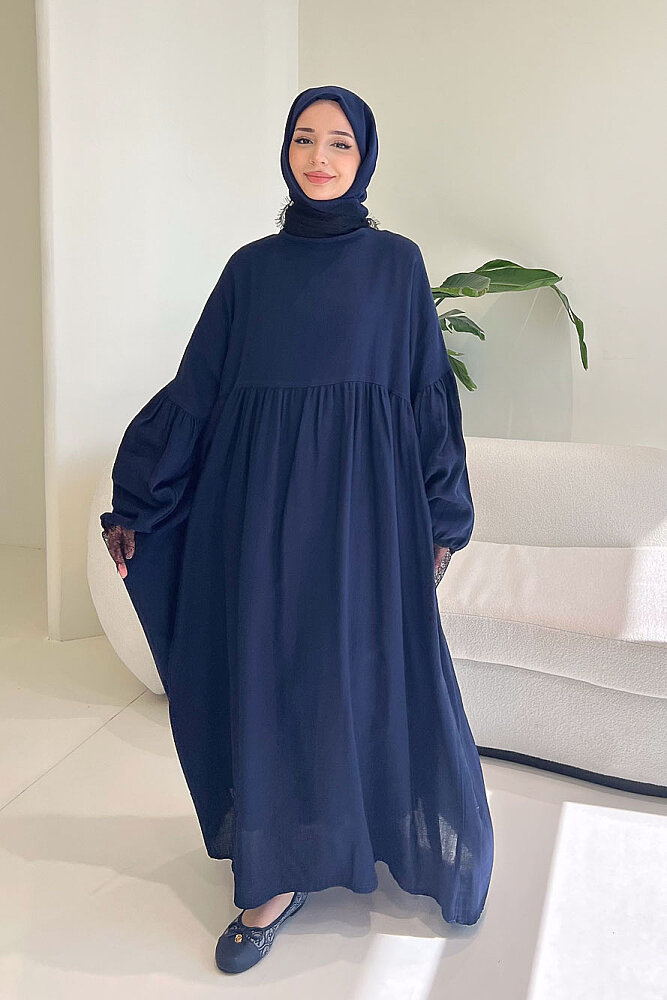 Elaria Dantel Detaylı Müslin Elbise - Lacivert - ALLMİSS (2)