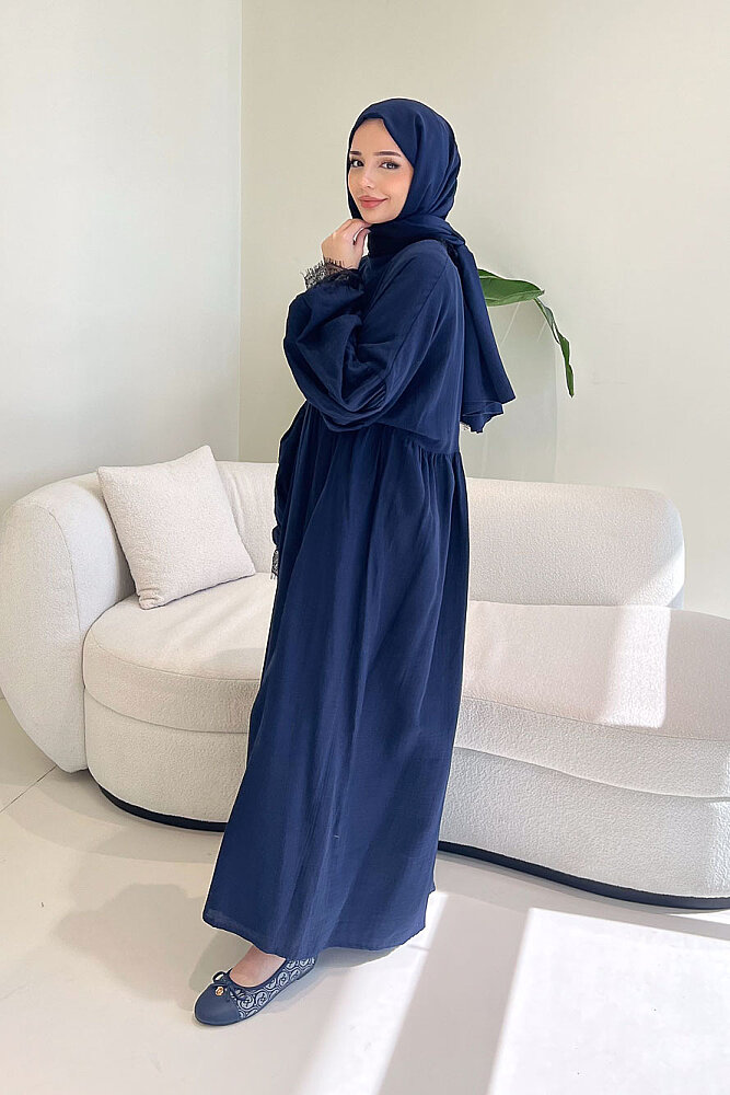 Elaria Dantel Detaylı Müslin Elbise - Lacivert - ALLMİSS (3)