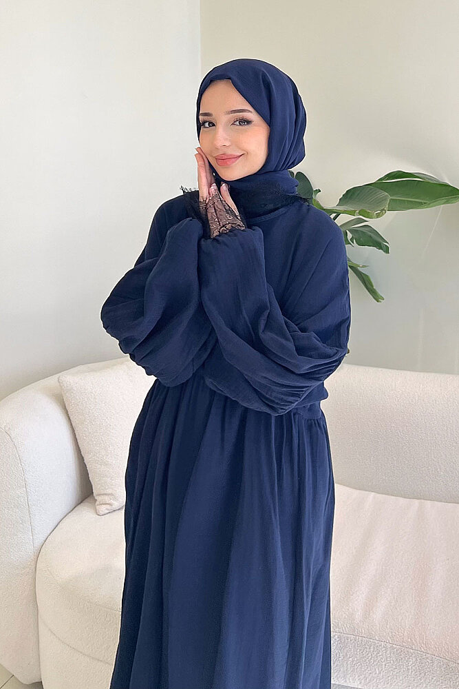 Elaria Dantel Detaylı Müslin Elbise - Lacivert - 6