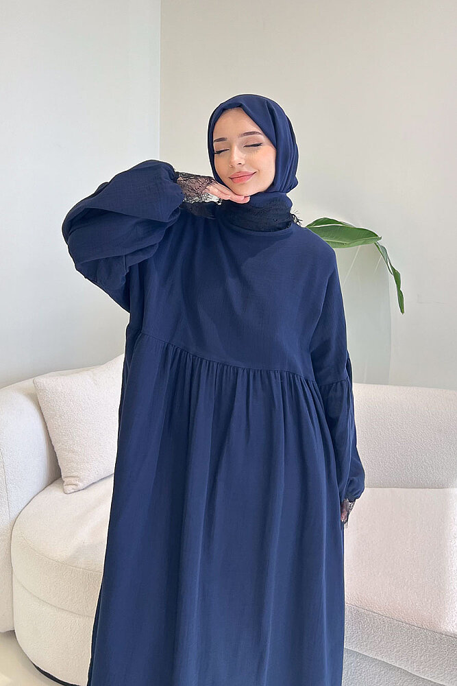 Elaria Dantel Detaylı Müslin Elbise - Lacivert - 8