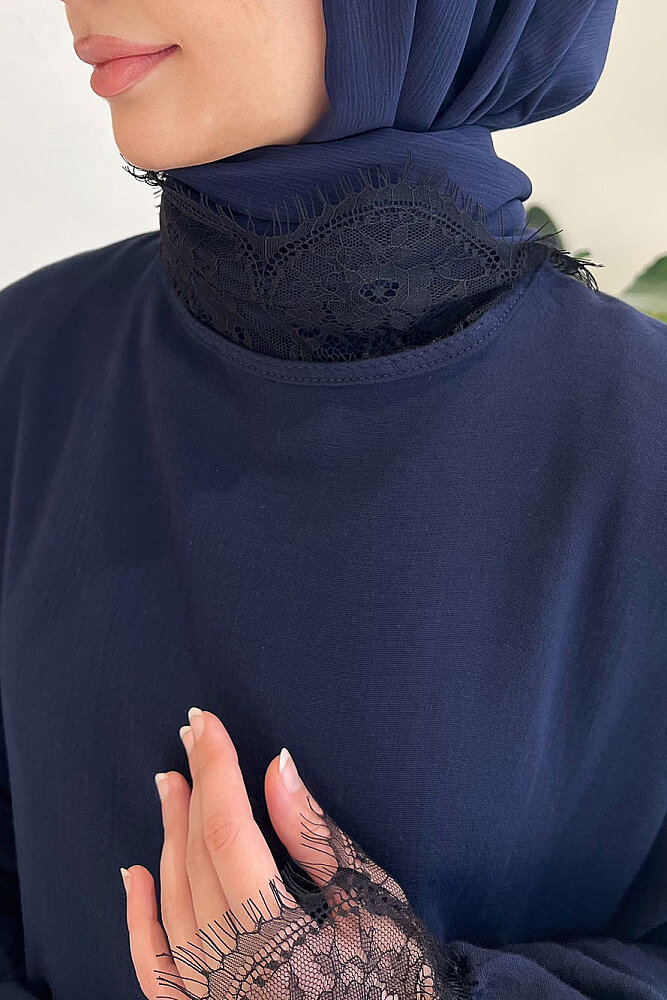 Elaria Dantel Detaylı Müslin Elbise - Lacivert - 2