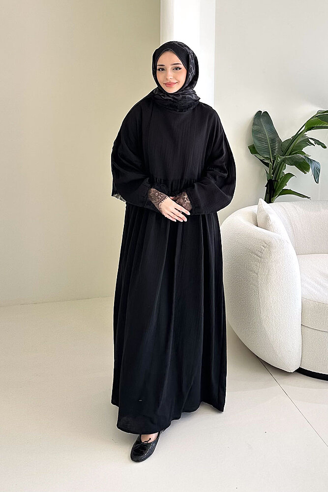 Elaria Dantel Detaylı Müslin Elbise - Siyah - 6