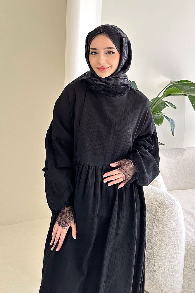 Elaria Dantel Detaylı Müslin Elbise - Siyah - 3