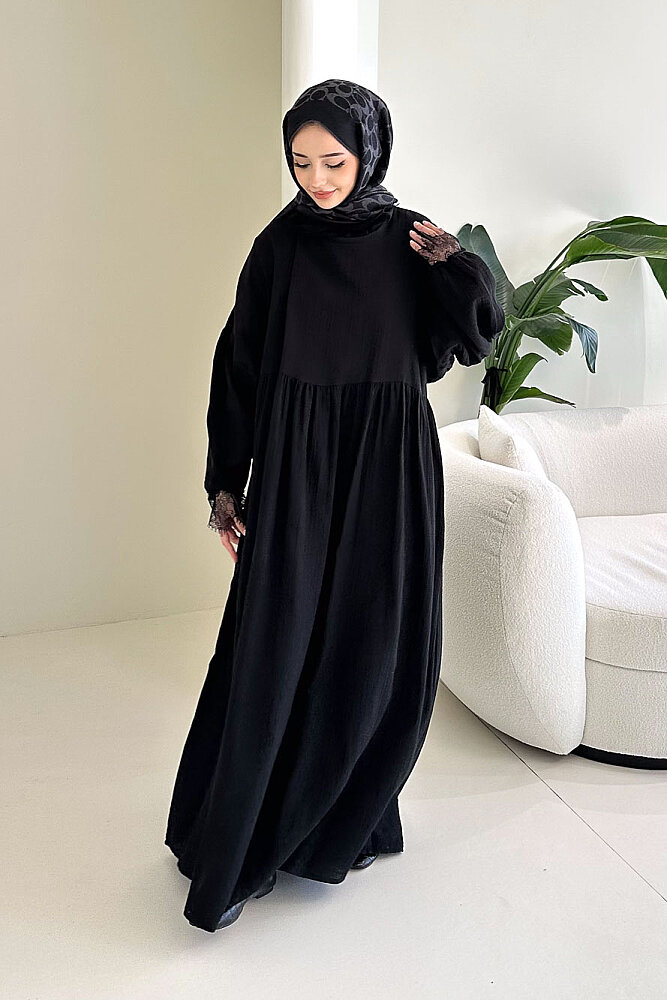 Elaria Dantel Detaylı Müslin Elbise - Siyah - 2