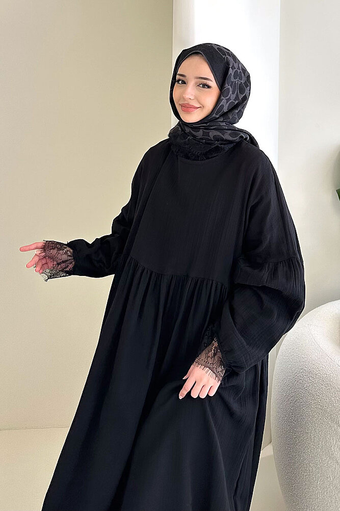 Elaria Dantel Detaylı Müslin Elbise - Siyah - 8