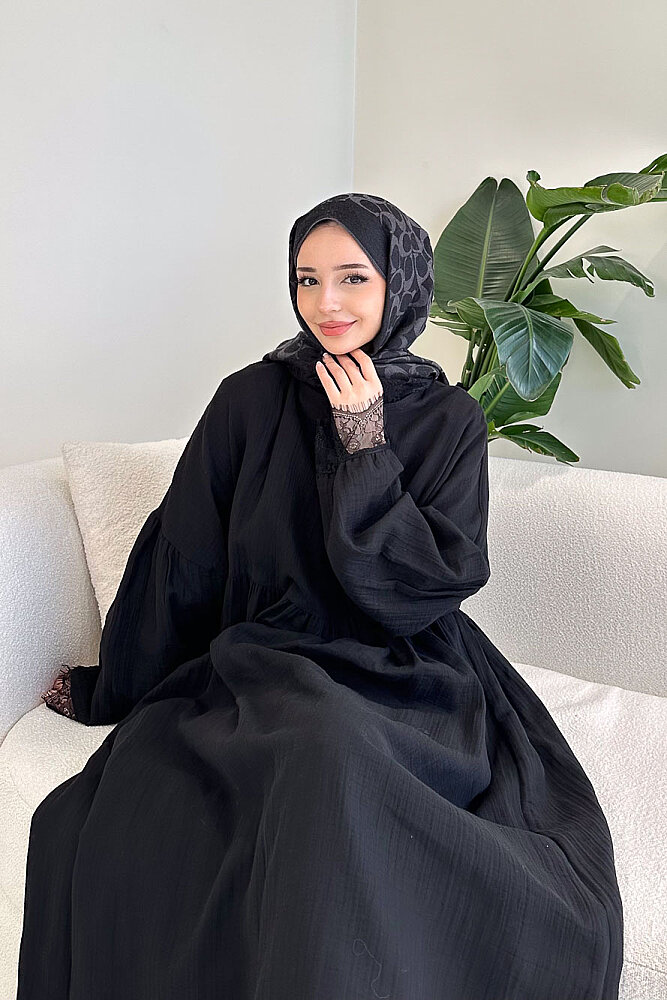Elaria Dantel Detaylı Müslin Elbise - Siyah - 1