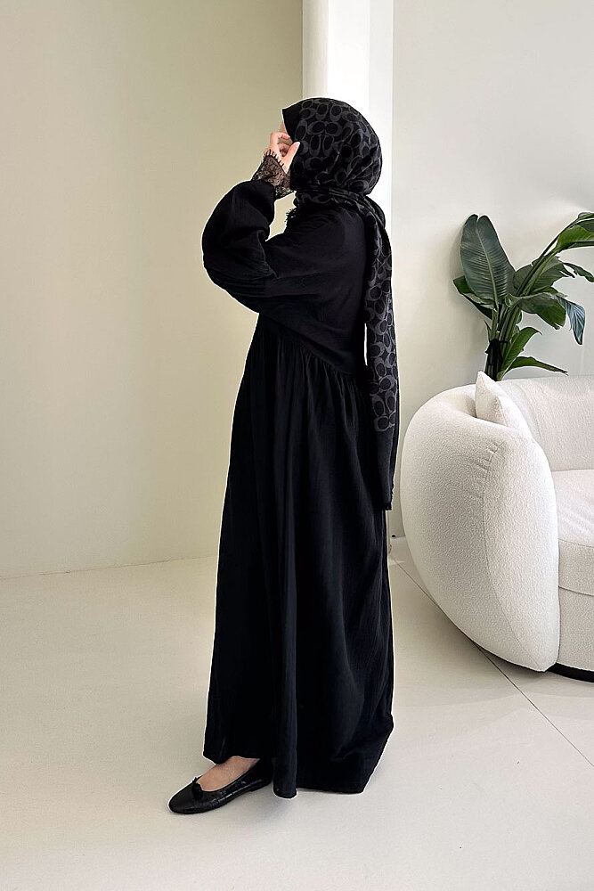 Elaria Dantel Detaylı Müslin Elbise - Siyah - 7