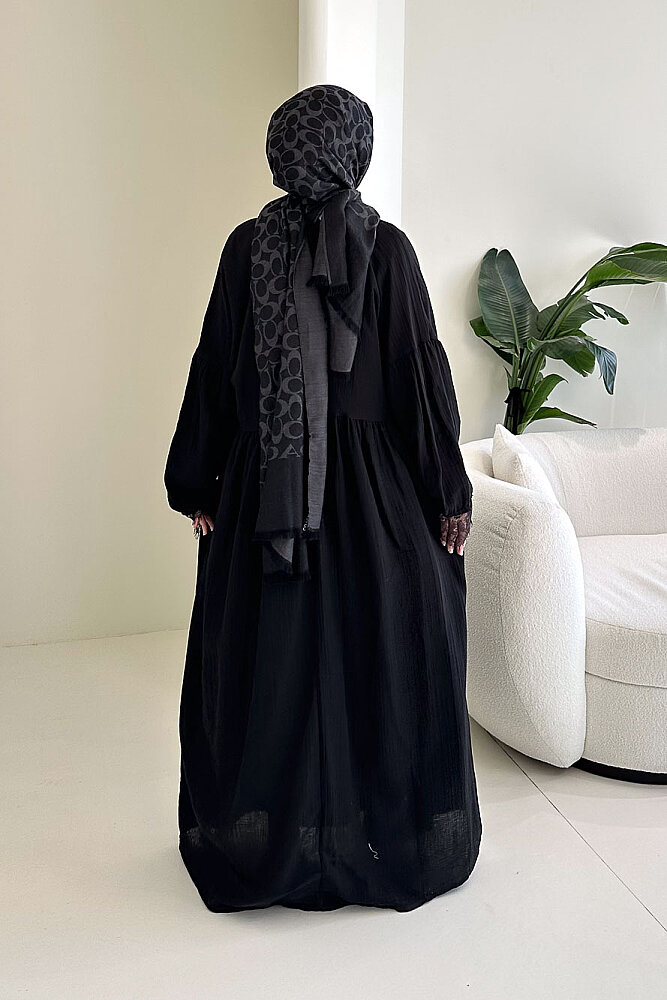 Elaria Dantel Detaylı Müslin Elbise - Siyah - 9