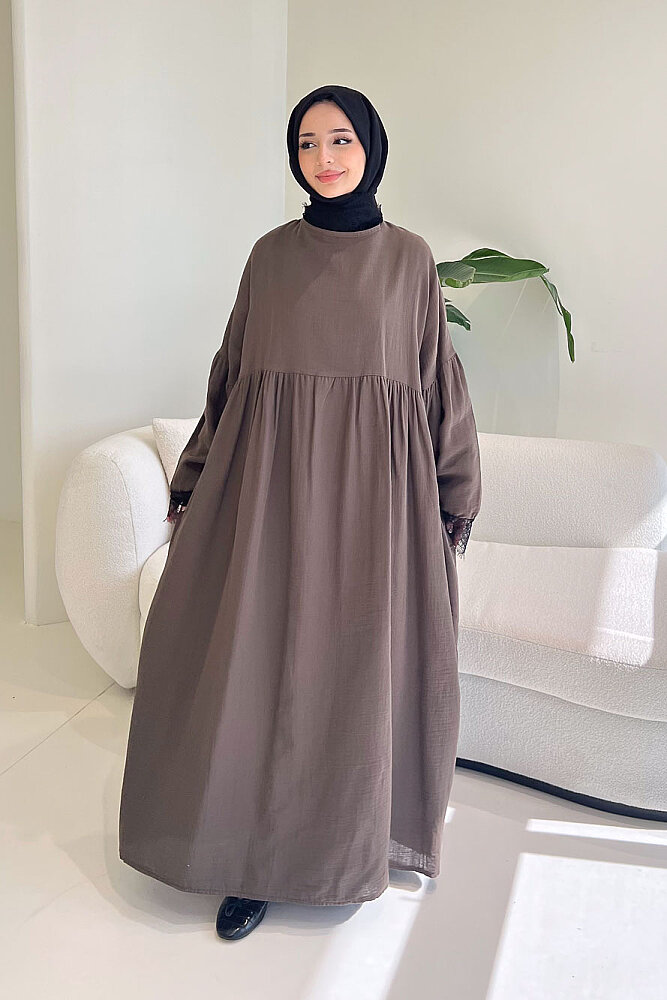 Elaria Dantel Detaylı Müslin Elbise - Vizon - 6