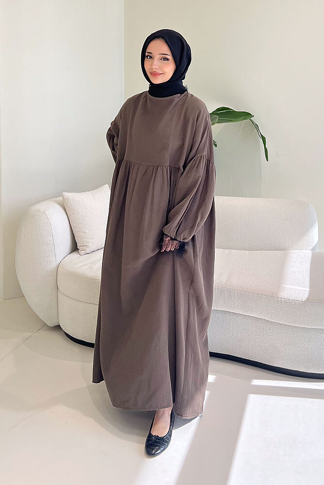 Elaria Dantel Detaylı Müslin Elbise - Vizon - ALLMİSS (0)