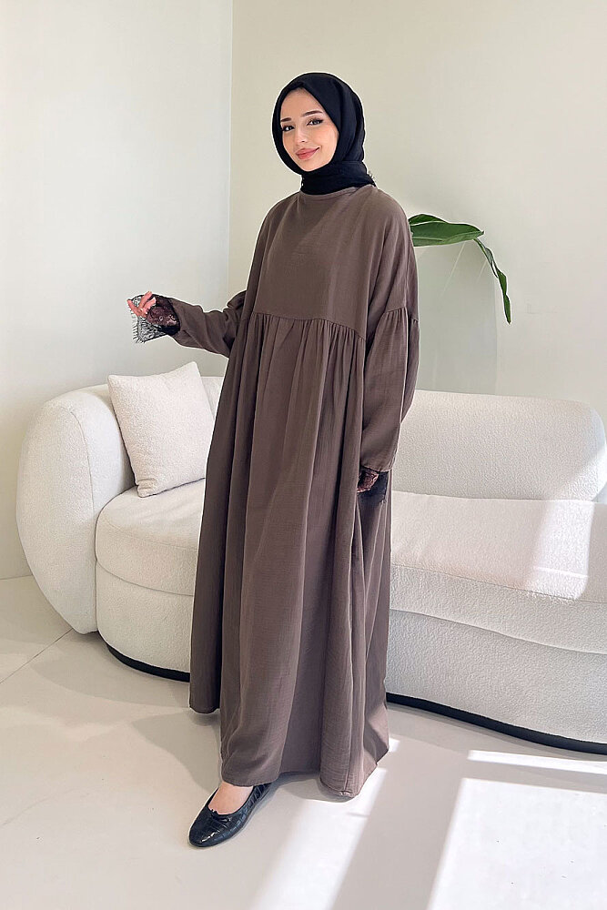 Elaria Dantel Detaylı Müslin Elbise - Vizon - ALLMİSS (3)