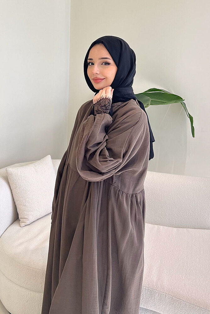 Elaria Dantel Detaylı Müslin Elbise - Vizon - 7