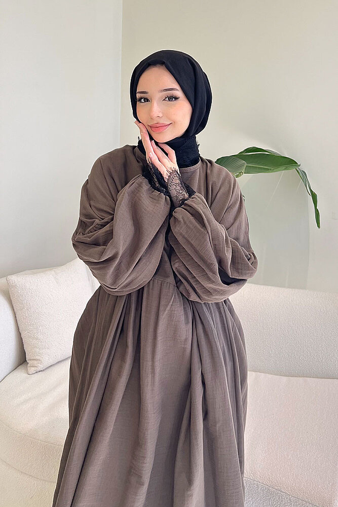 Elaria Dantel Detaylı Müslin Elbise - Vizon - ALLMİSS (1)