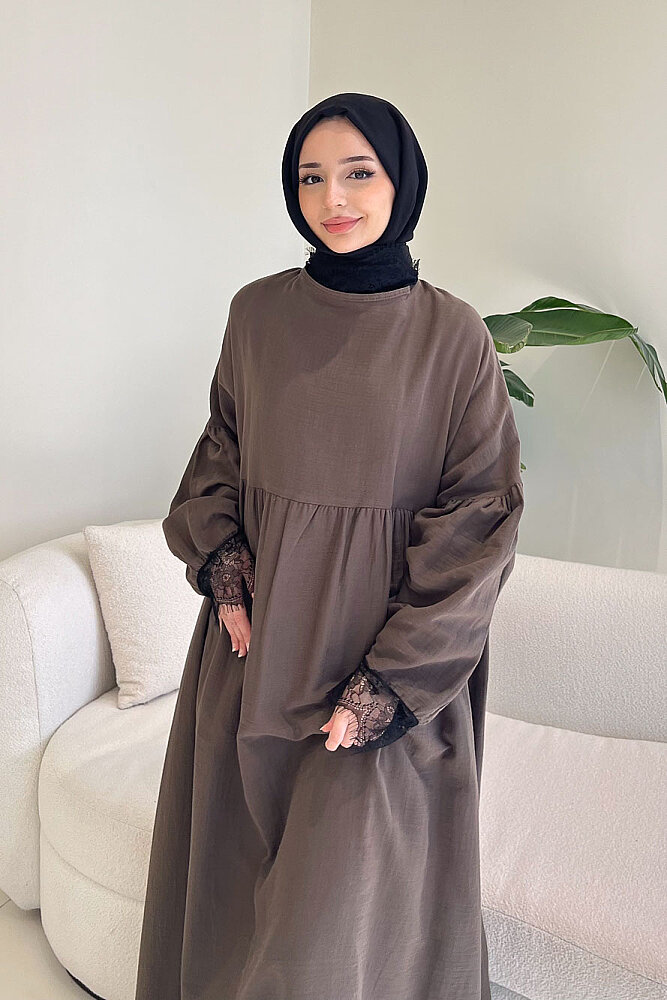 Elaria Dantel Detaylı Müslin Elbise - Vizon - 5