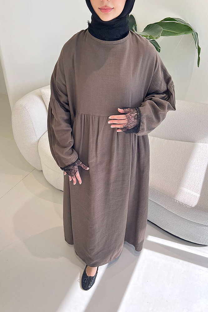 Elaria Dantel Detaylı Müslin Elbise - Vizon - 3