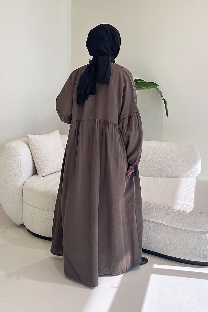 Elaria Dantel Detaylı Müslin Elbise - Vizon - 8