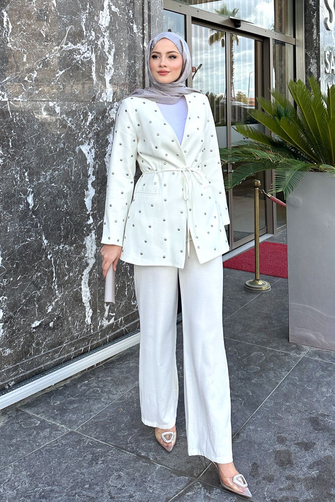 Elda Zımbalı Ceket Takım - Ekru - 4