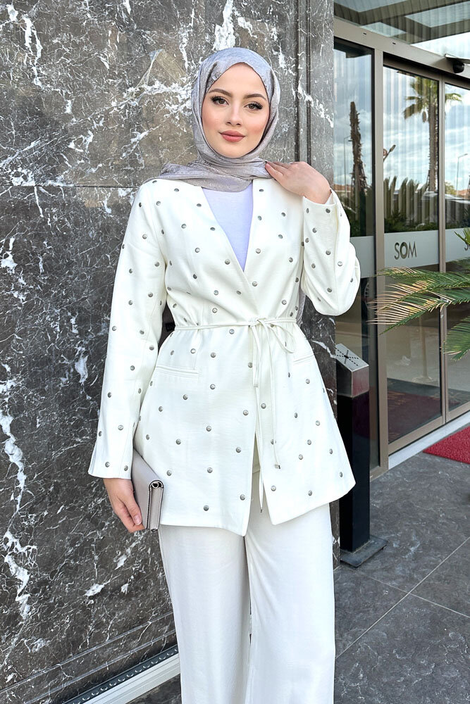 Elda Zımbalı Ceket Takım - Ekru - 5