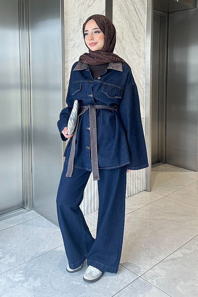 Elise Kontrast Yakalı Denim Takım - Lacivert - ENMA (3)