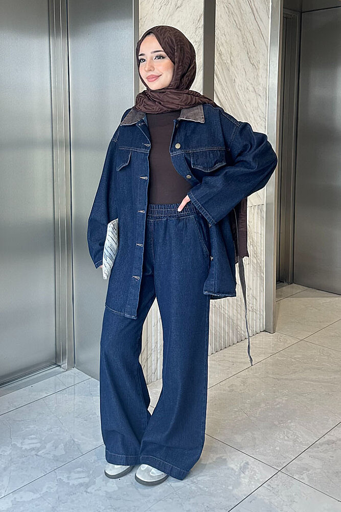 Elise Kontrast Yakalı Denim Takım - Lacivert - ENMA (1)