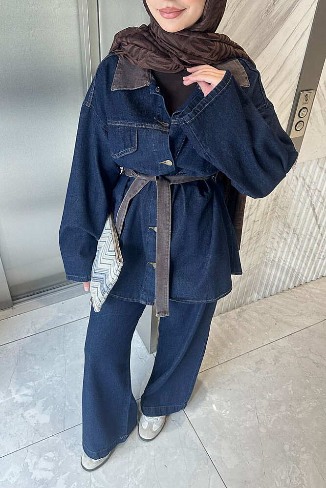 Elise Kontrast Yakalı Denim Takım - Lacivert - ENMA (4)