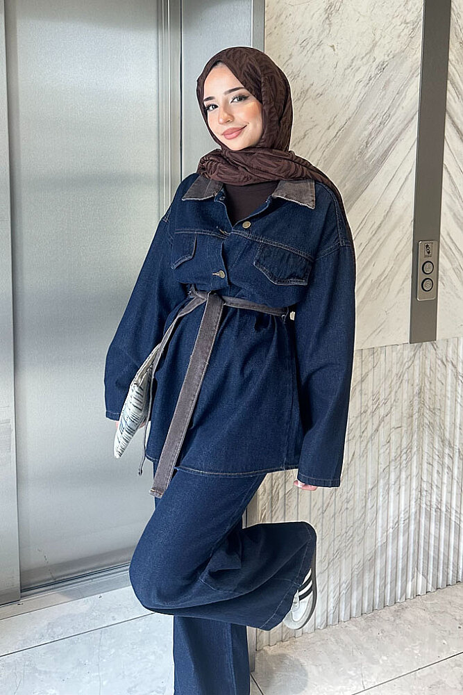 Elise Kontrast Yakalı Denim Takım - Lacivert - 1