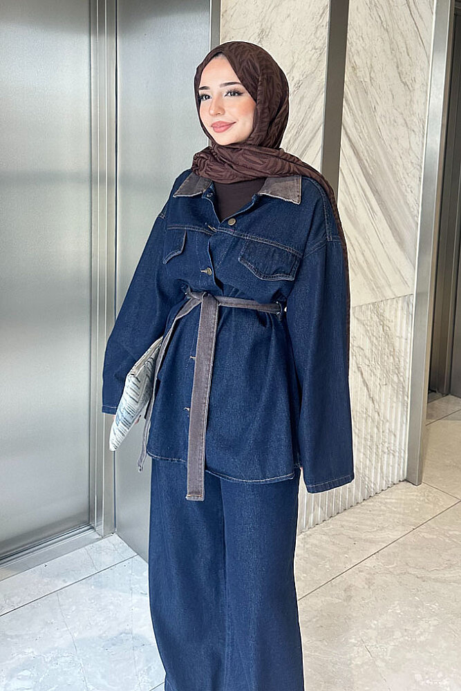Elise Kontrast Yakalı Denim Takım - Lacivert - 7