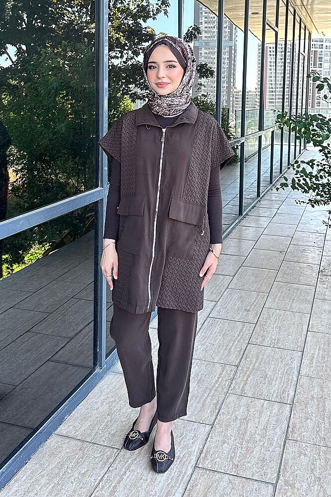 Elit Stoperli Yelekli Takım - Kahverengi - 1