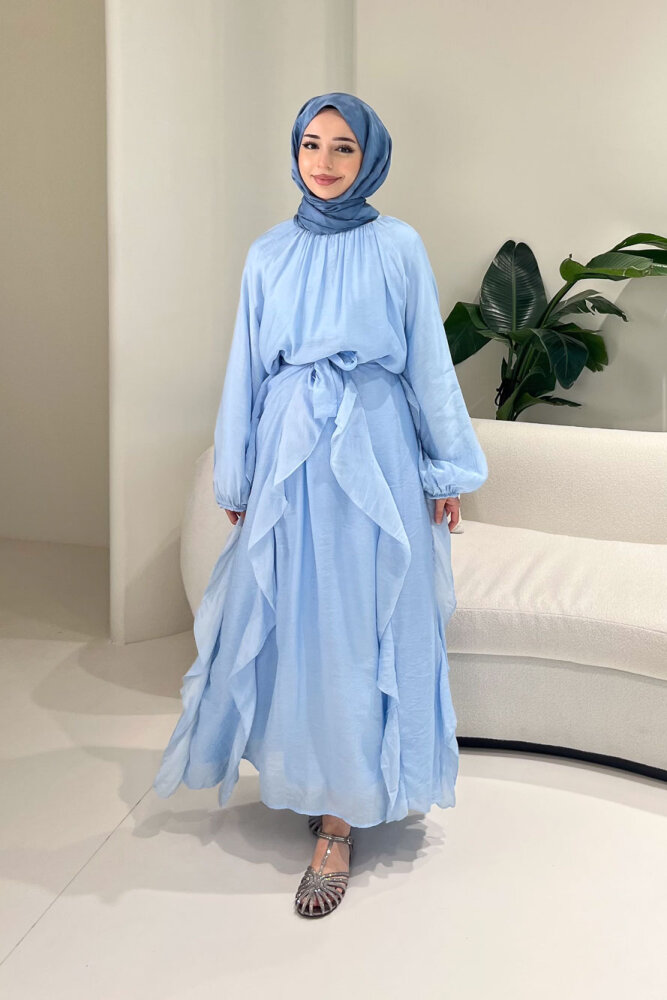 Eliza Seyyar Etekli Tül Detaylı Elbise - Mavi - 1