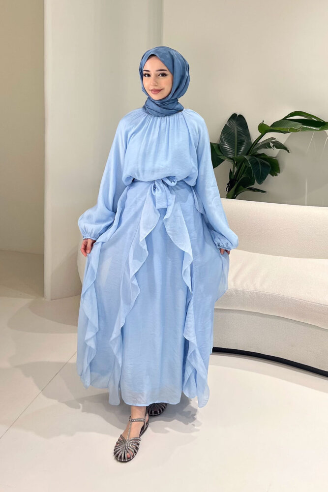 Eliza Seyyar Etekli Tül Detaylı Elbise - Mavi - 5