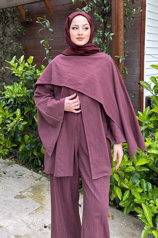 Elora Atkılı Keten Takım - Mürdüm - 3
