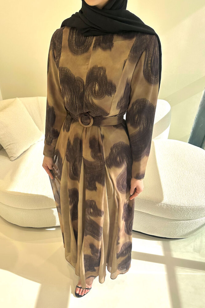 Elvora Desenli Şifon Elbise - Kahverengi - HEWES (4)
