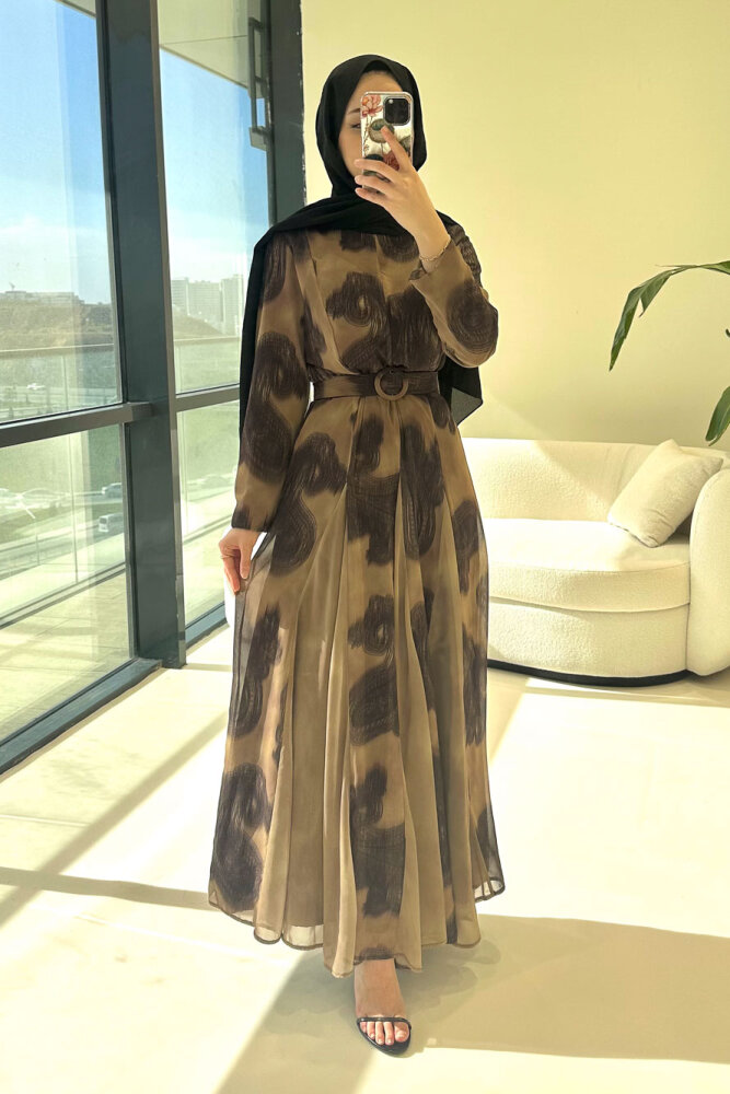 Elvora Desenli Şifon Elbise - Kahverengi - 10