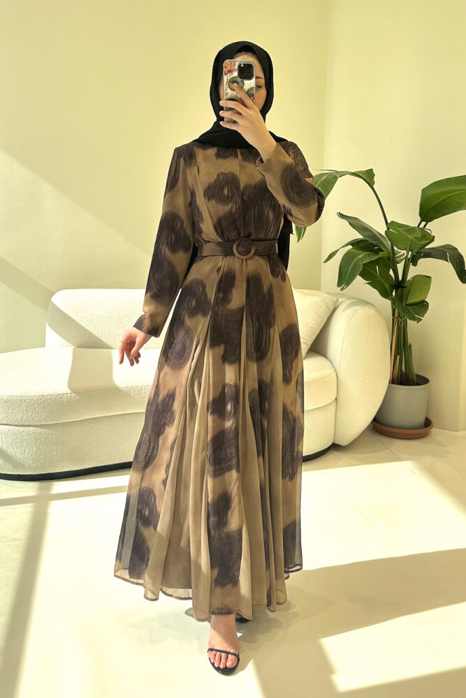 Elvora Desenli Şifon Elbise - Kahverengi - 2