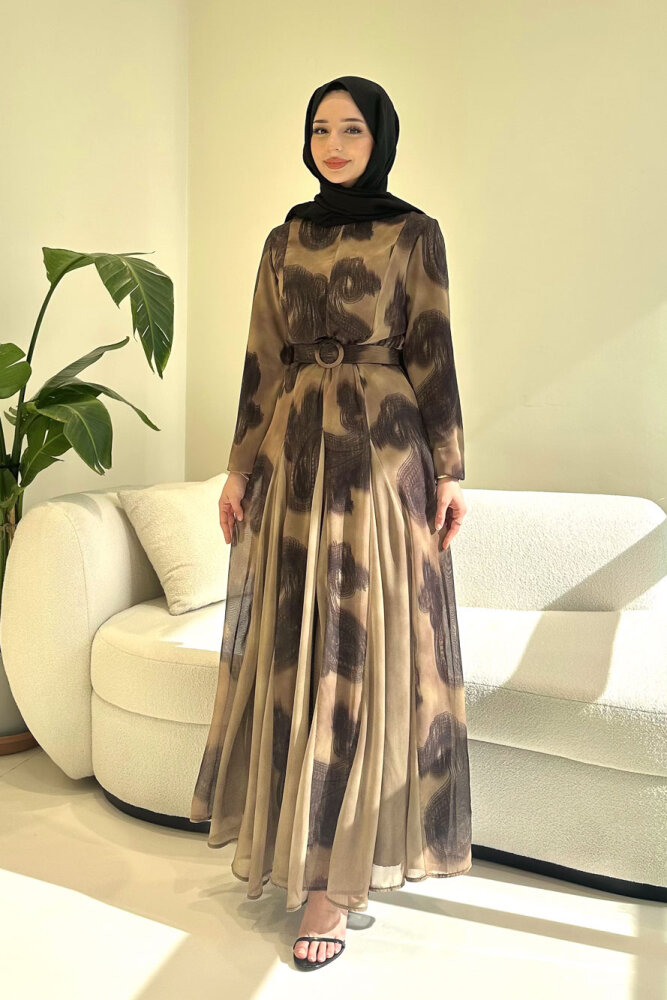 Elvora Desenli Şifon Elbise - Kahverengi - 7