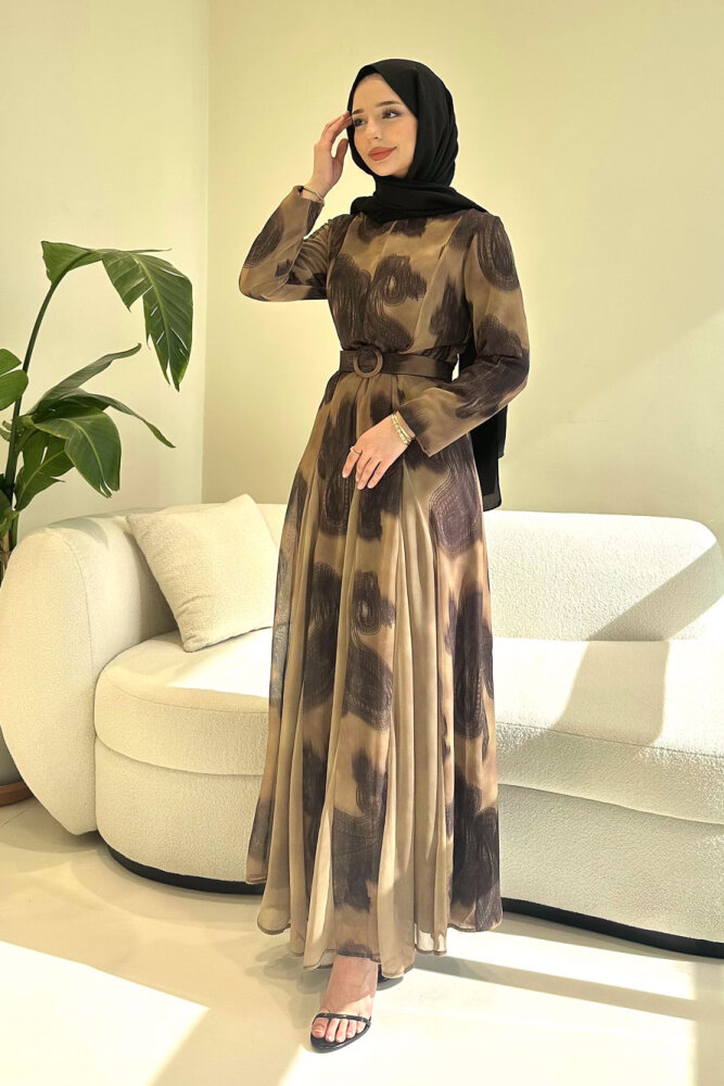Elvora Desenli Şifon Elbise - Kahverengi - HEWES (0)