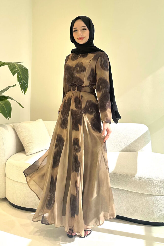 Elvora Desenli Şifon Elbise - Kahverengi - HEWES (2)