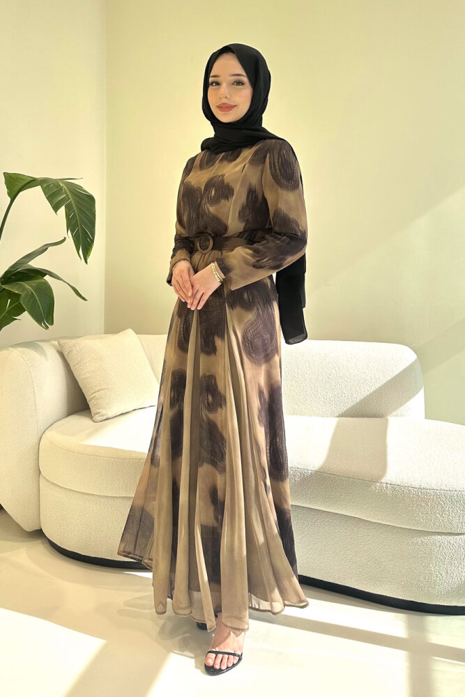 Elvora Desenli Şifon Elbise - Kahverengi - 9
