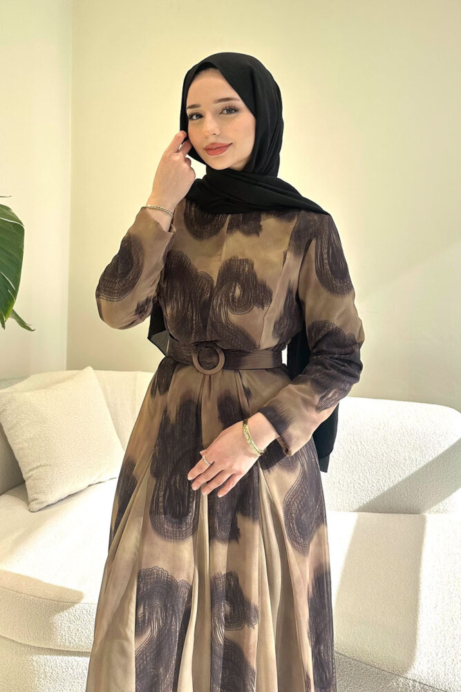 Elvora Desenli Şifon Elbise - Kahverengi - 4