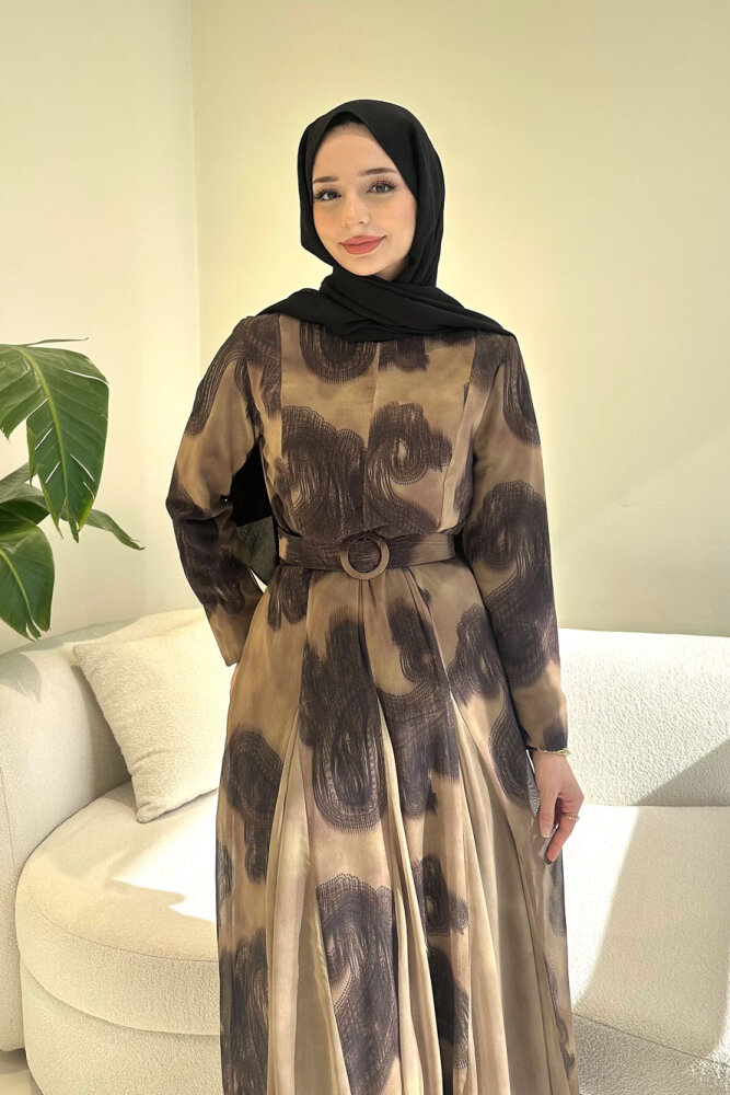 Elvora Desenli Şifon Elbise - Kahverengi - HEWES (5)