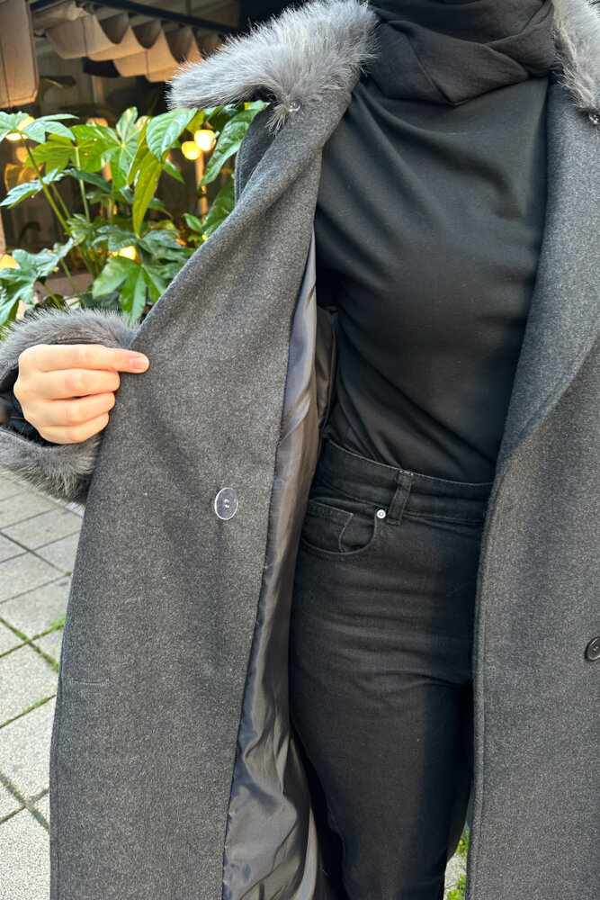 Elysia Yakası Kürklü Kaşe Kaban - Antrasit - HENZA (5)