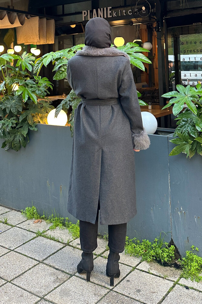 Elysia Yakası Kürklü Kaşe Kaban - Antrasit - 7