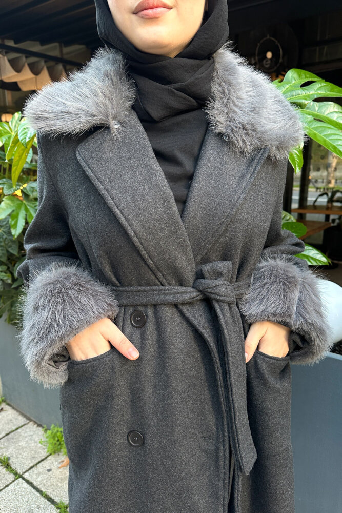 Elysia Yakası Kürklü Kaşe Kaban - Antrasit - 3