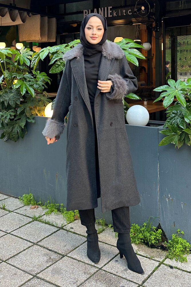 Elysia Yakası Kürklü Kaşe Kaban - Antrasit - 2