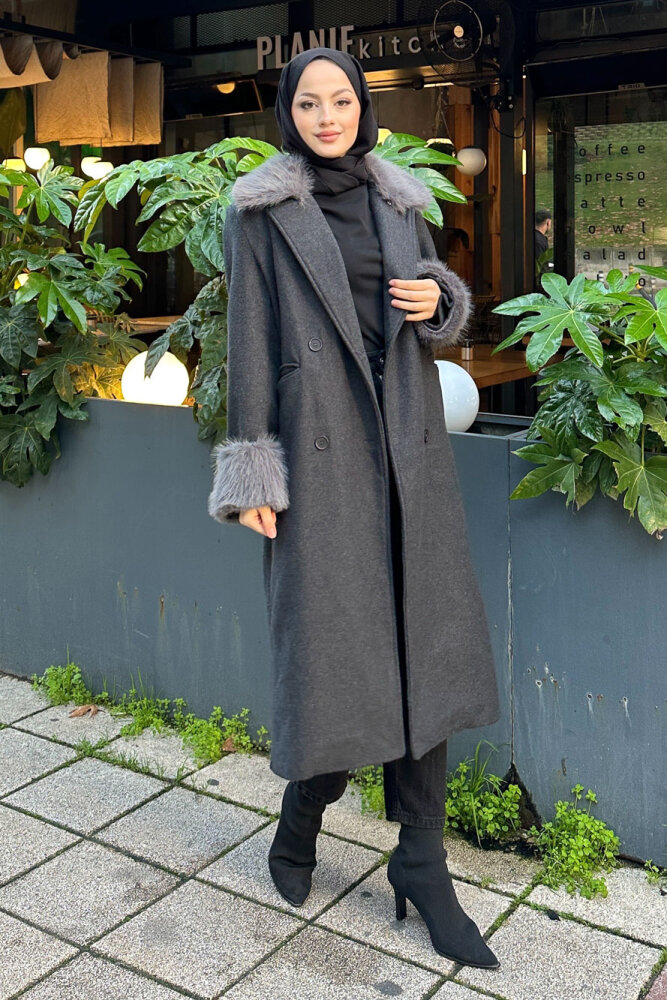 Elysia Yakası Kürklü Kaşe Kaban - Antrasit - HENZA (4)